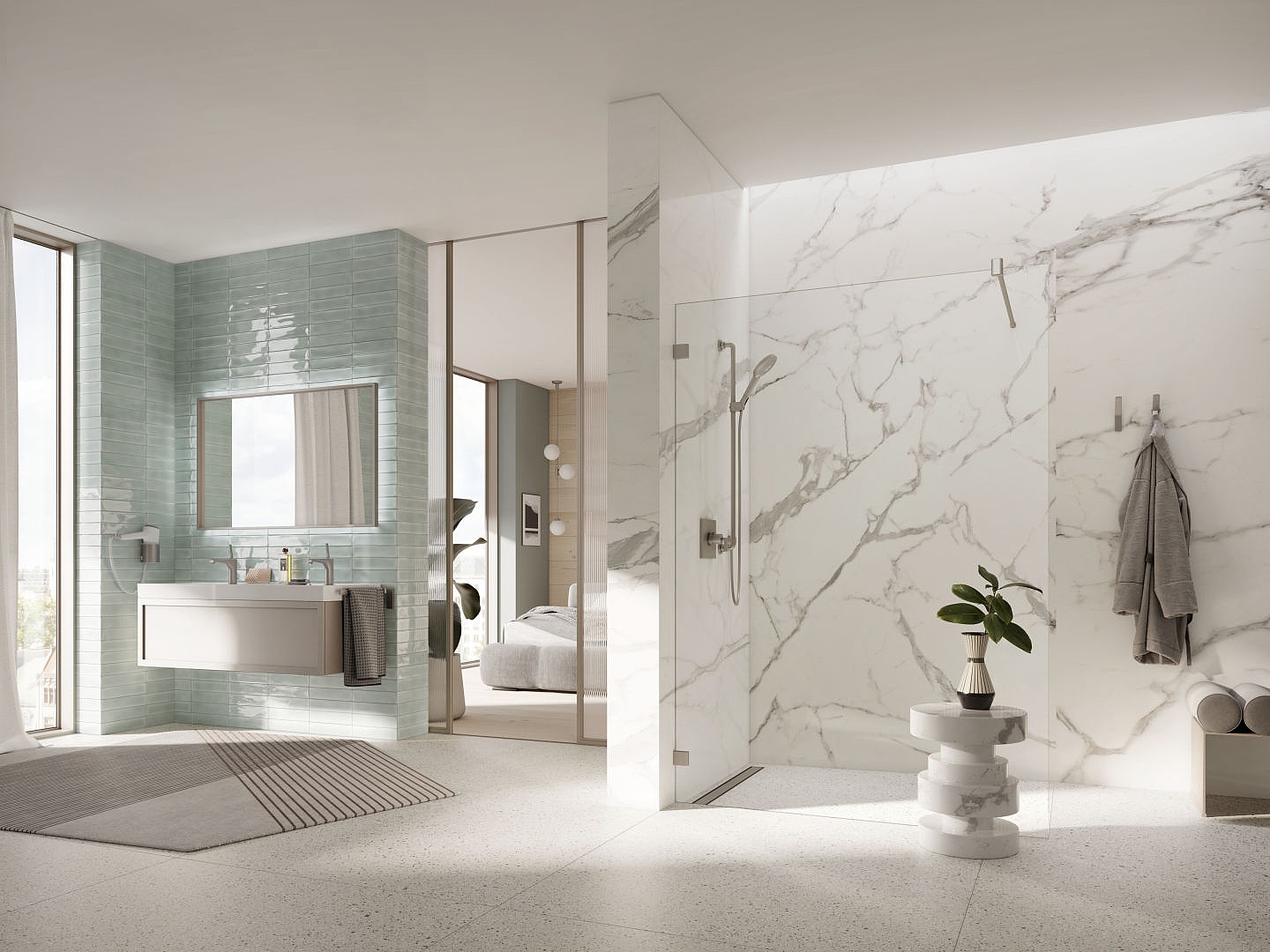 Kermi Beschlag-Dusche MENA WALK-IN Wall mit Wandbeschlag mit Oberfläche Brushed Nickel und ESG Klarglas über KermiEXTRA