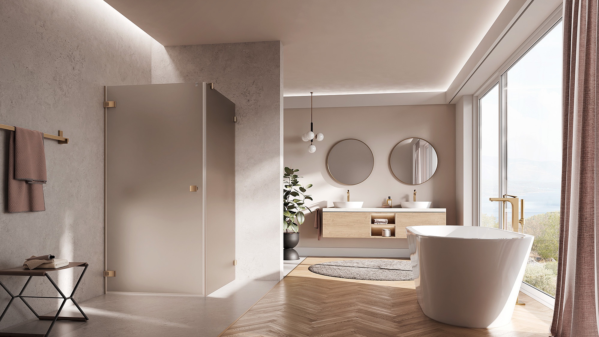 Paroi de douche à charnières Kermi avec porte pivotante MENA à 1 battant avec élément fixe et charnière murale en Brushed Bronze et verre teinté Bronze mat par KermiEXTRA