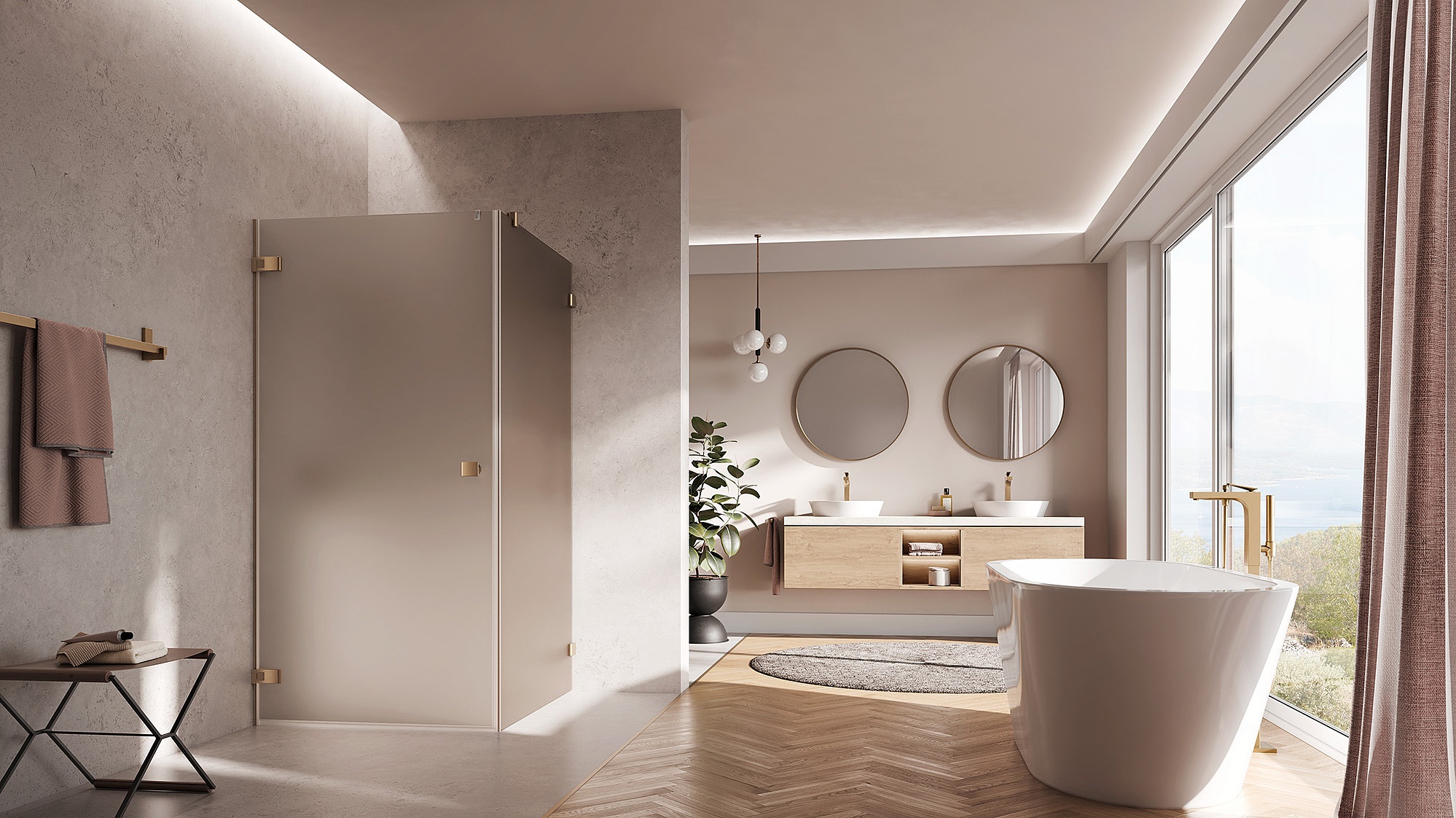 Kermi Beschlag-Duschkabine MENA Pendeltür 1-flügelig mit Festfeld mit Wandbeschlag in Brushed Bronze und Farbglas Bronze Matt über KermiEXTRA
