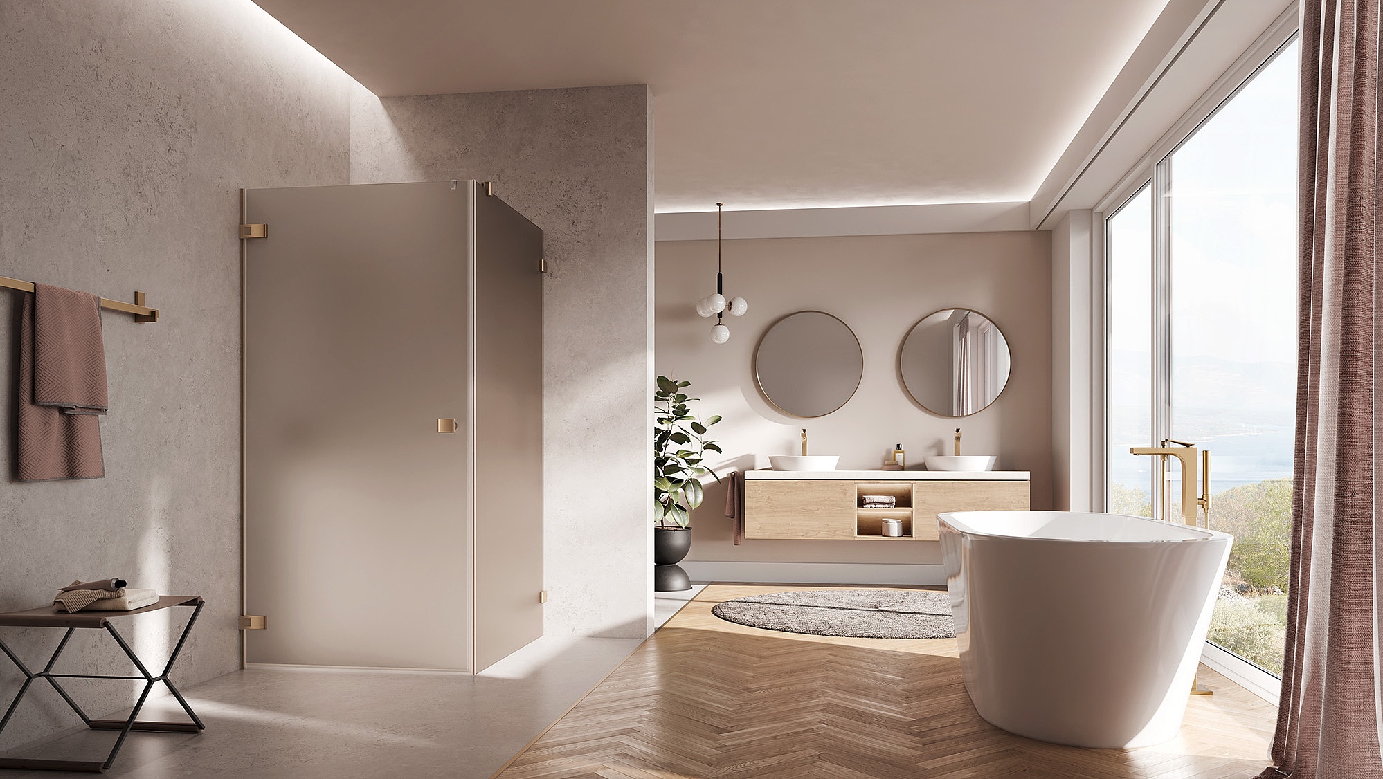 Kermi Beschlag-Duschkabine MENA Pendeltür 1-flügelig mit Festfeld mit Wandbeschlag in Brushed Bronze und Farbglas Bronze Matt über KermiEXTRA
