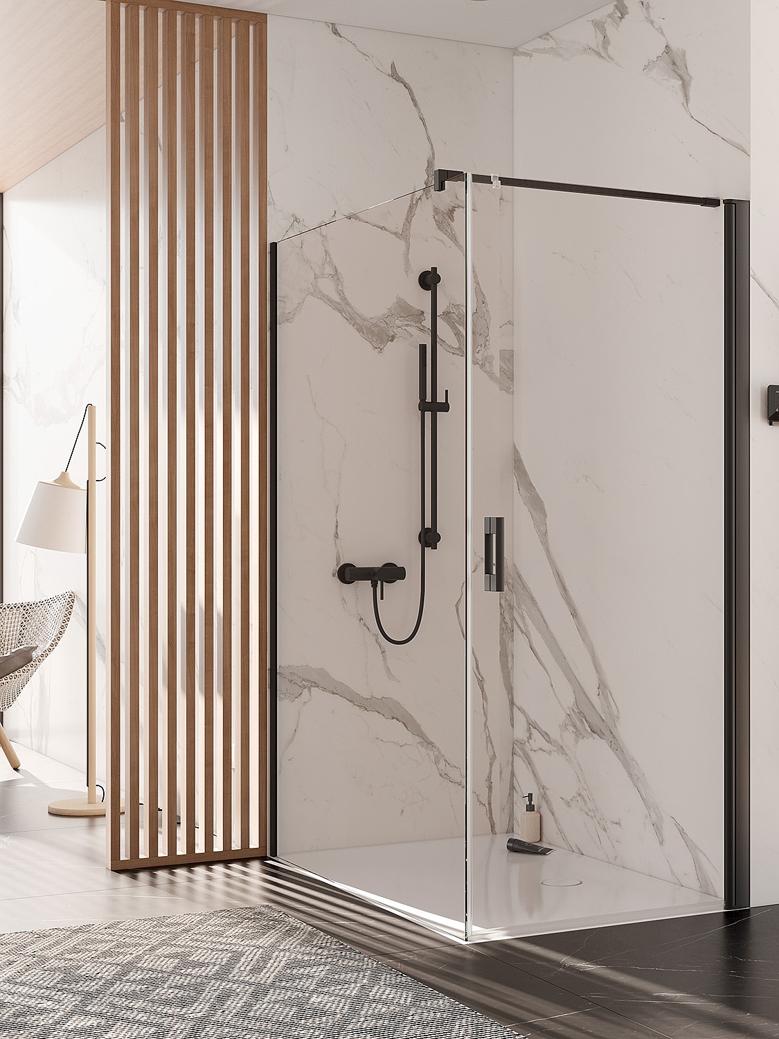 PEGA porte pivotante à 1 vantail en combinaison avec WALK-IN XB Wall Noir Soft Parois de douche profilée Kermi PEGA porte pivotante à 1 vantail en combinaison avec WALK-IN XB Wall Noir Soft