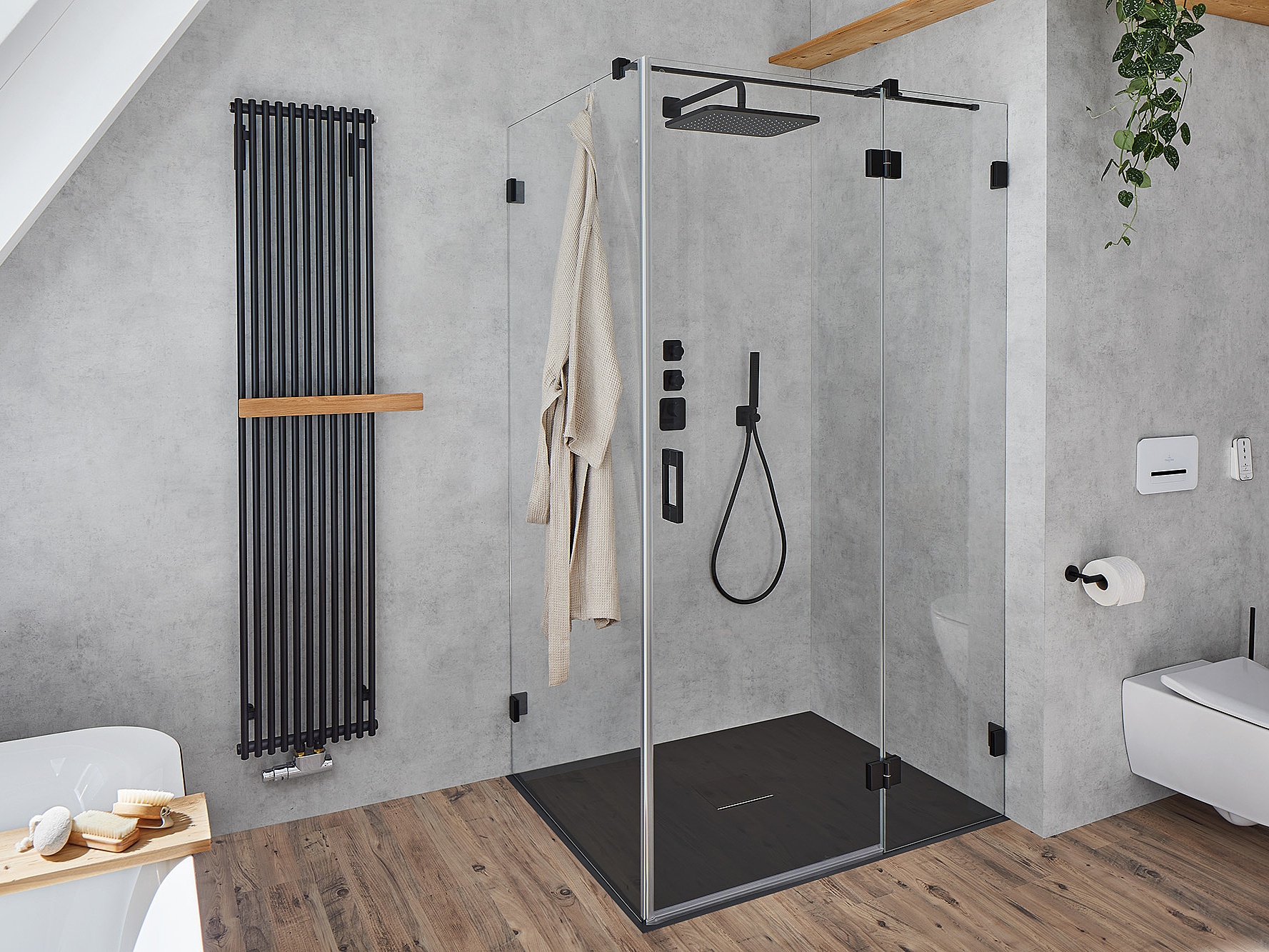 Porte pivotante LIGA avec élément fixe et charnière murale en noir Paroi de douche à charnières Kermi avec porte pivotante LIGA et élément fixe à charnière murale en noir