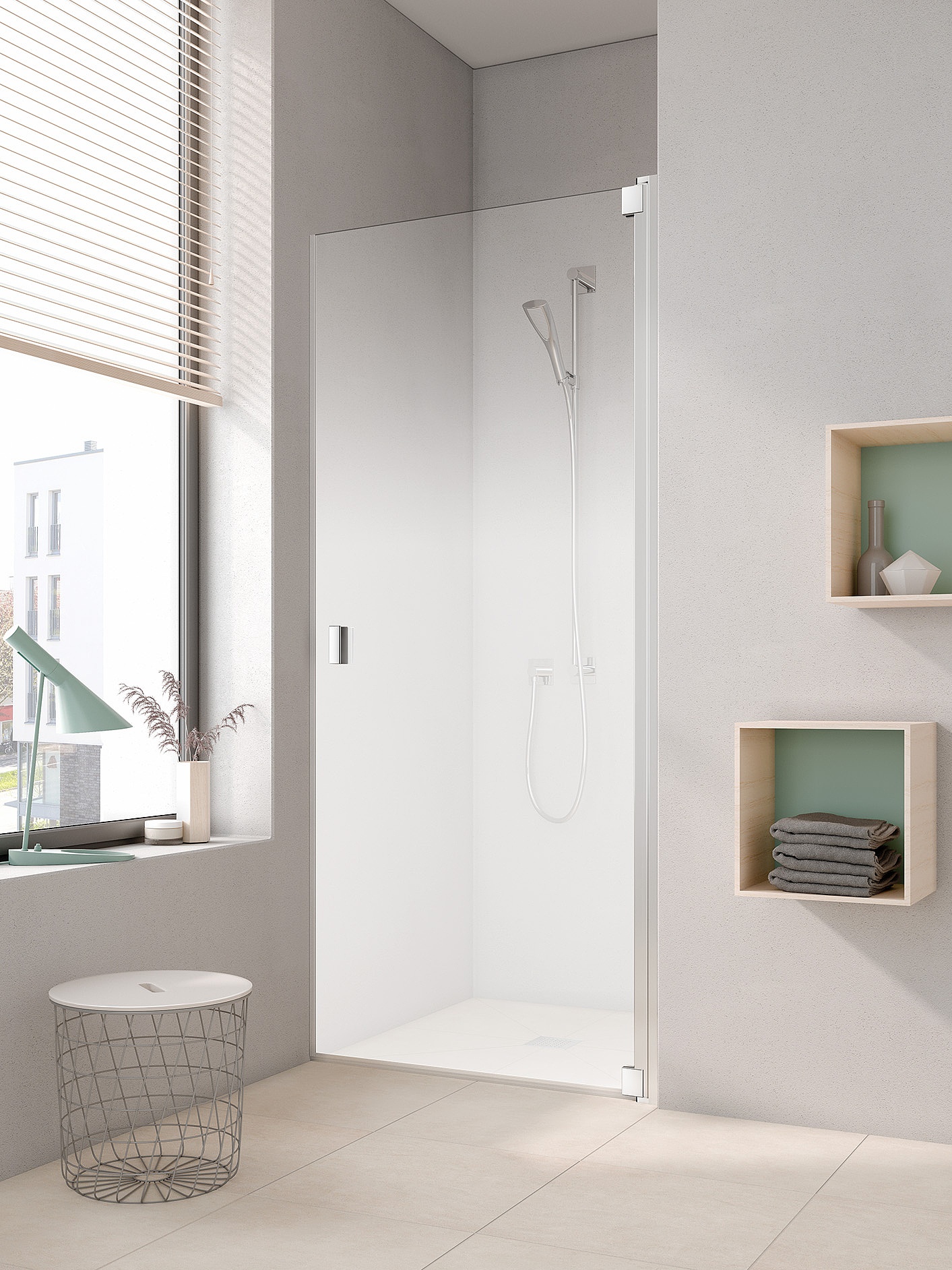 Porte pivotante RAYA à 1 vantail avec décor 3 Paroi de douche à profilé Kermi avec porte pivotante RAYA à 1 vantail avec décor 3