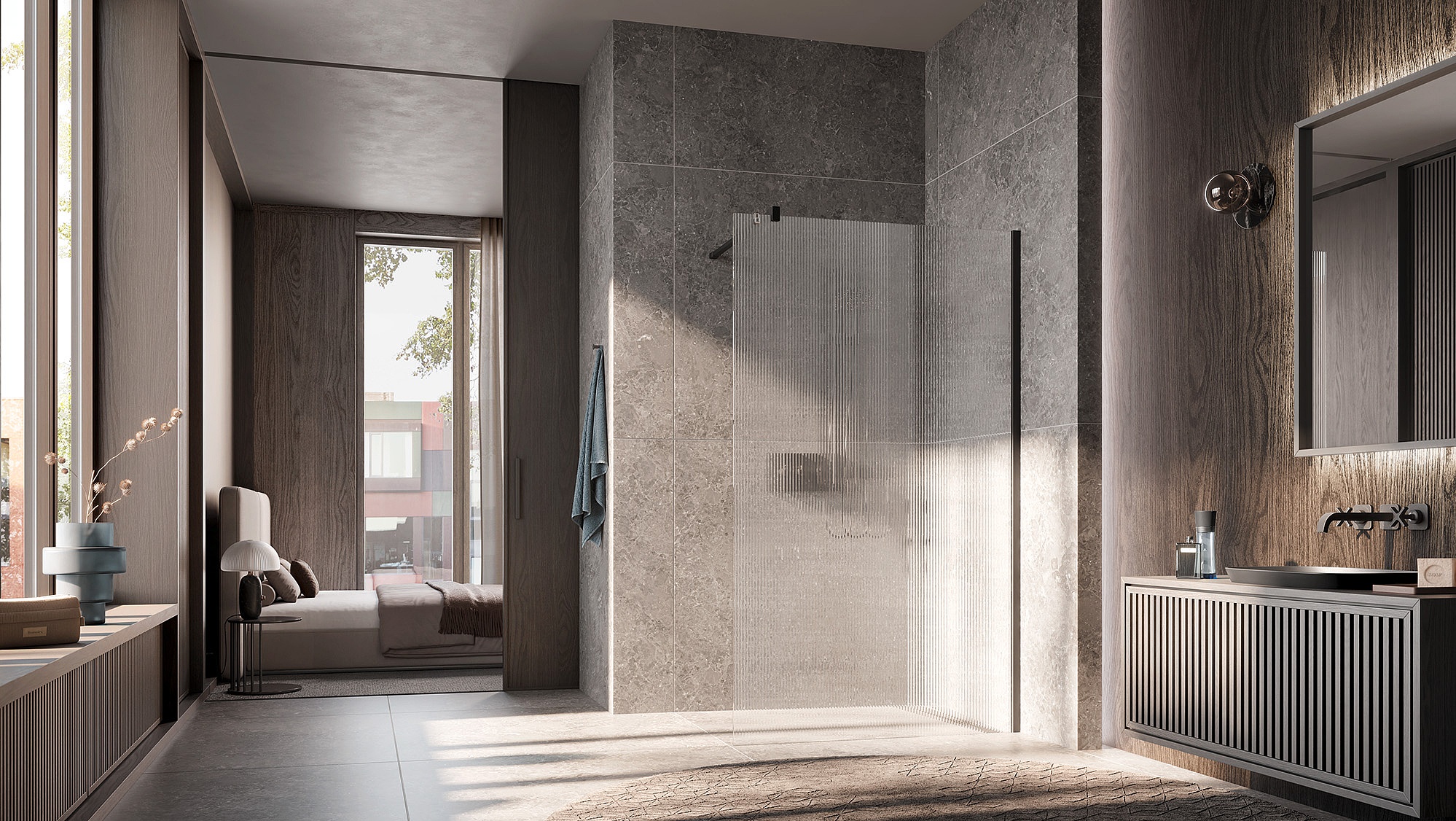 Kermi Walk-In-Duschkabine WALK-IN XB Wall in Schwarz Soft und Strukturglas Visio Sun über KermiEXTRA
