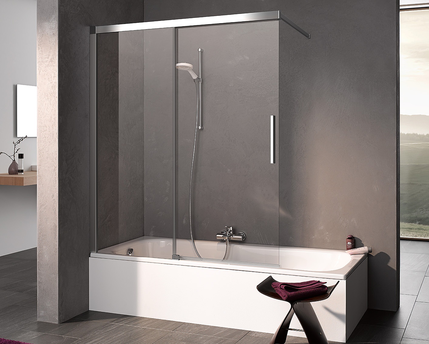 Porte coulissante NICA à 2 éléments avec élément fixe avec profilé mural pour baignoire Paroi de douche à profilé Kermi avec porte coulissante NICA à 2 éléments avec élément fixe avec profilé mural pour baignoire