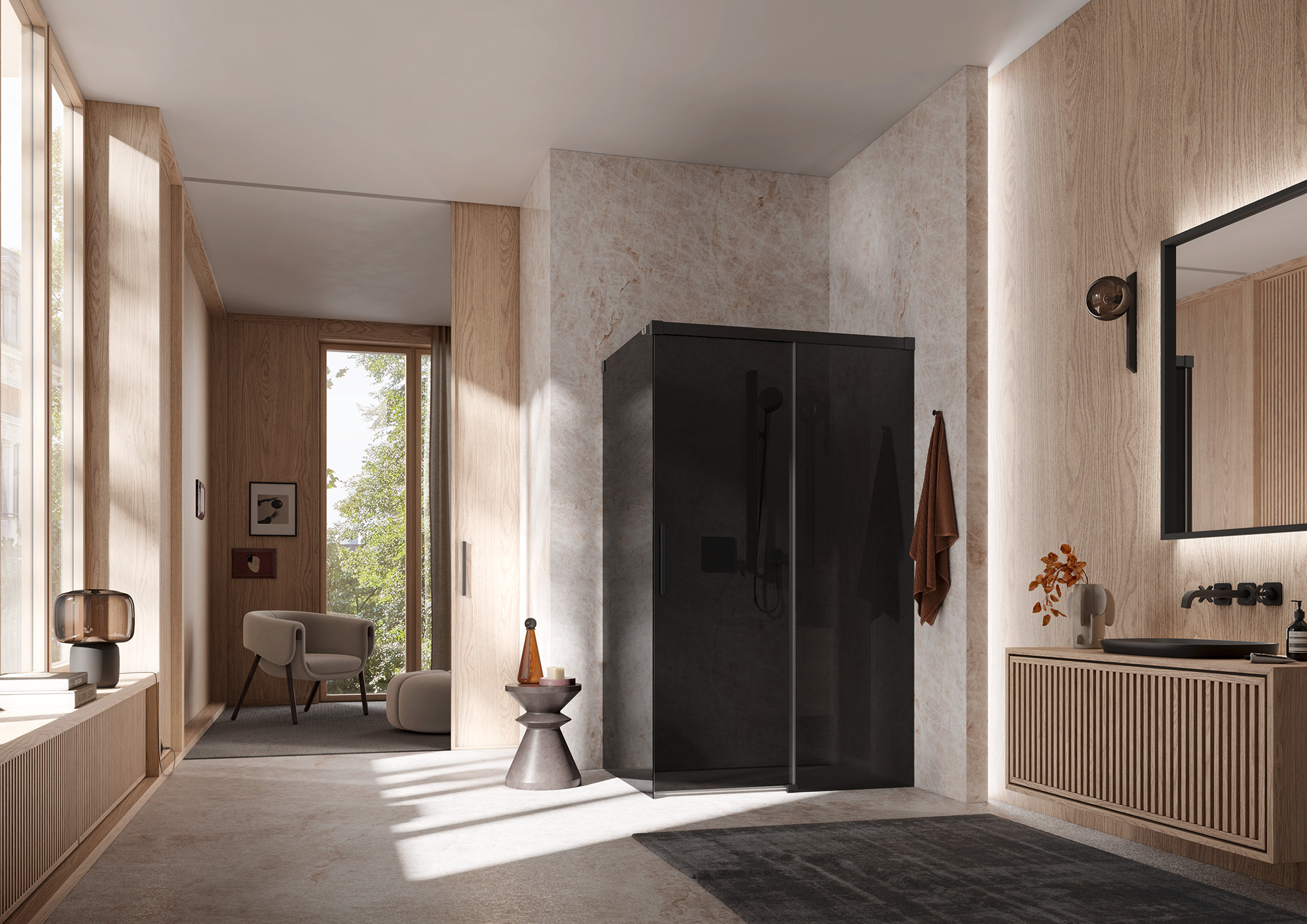 Porte coulissante NICA en 2 parties avec surface au sol libre, élément fixe sans profilé mural en combinaison avec paroi fixe sans profilé mural en Noir soft et verre teinté Gris foncé Paroi de douche a profilé Kermi avec porte coulissante NICA en 2 parties avec surface au sol libre, élément fixe sans profilé mural en combinaison avec paroi fixe sans profilé mural en Noir soft et verre teinté Gris foncé par KermiEXTRA